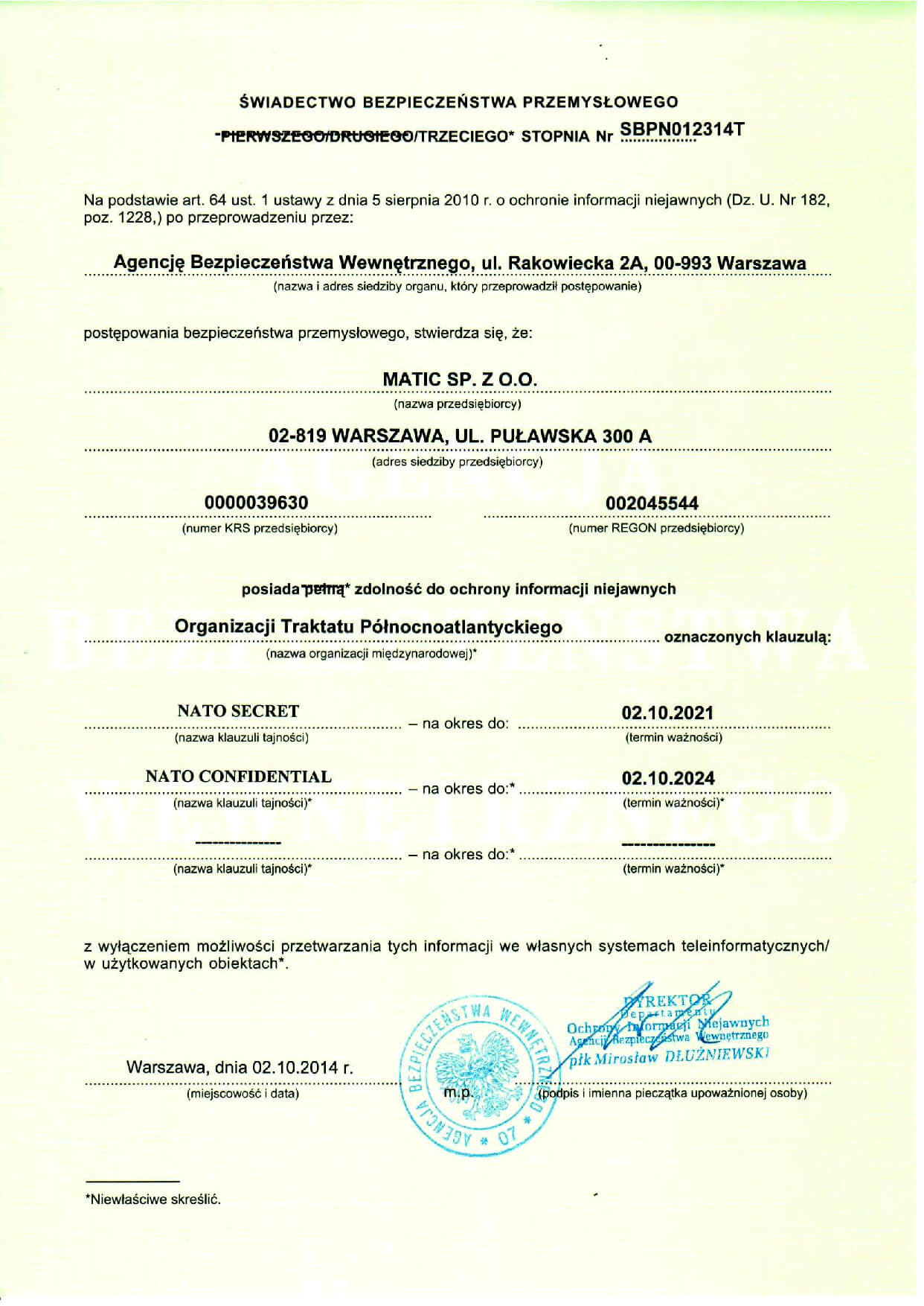 Matic SA Certyfikat poświadczenie bezpieczeństwa przemysłowego